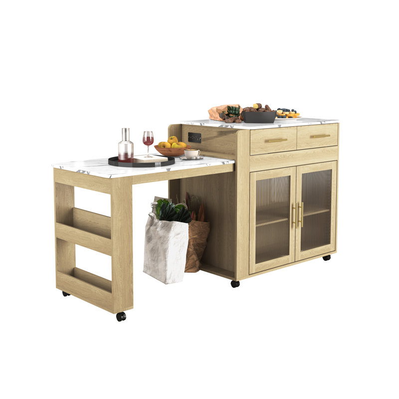 Jamirrah  Kitchen Island with Extendable Table, Natural/White