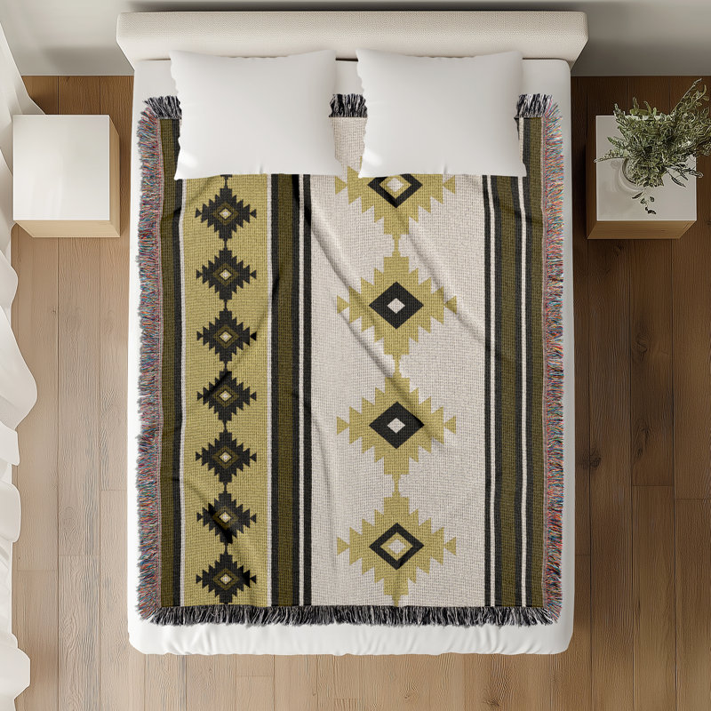 Jeté en mélange de coton Carlos South Western, Noir / or terne / blanc cassé, L 60 po x l 60 po