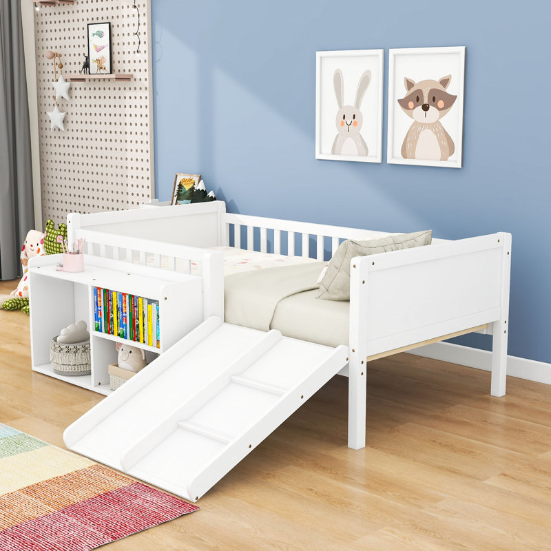 Twin-Size Wood Low Loft Bed with Slide, Climbing Ladder and Storage Shelves, White