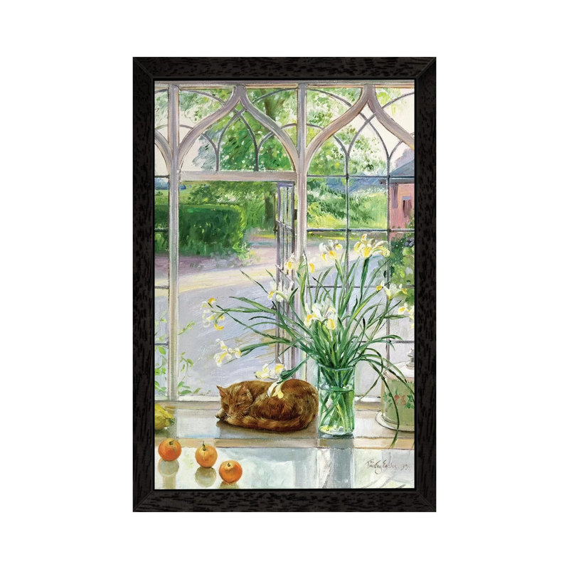 Irises And Sleeping Cat by Timothy Easton - Painting on Canvas, Black Framed, 66.04 cm H x 45.72 cm W