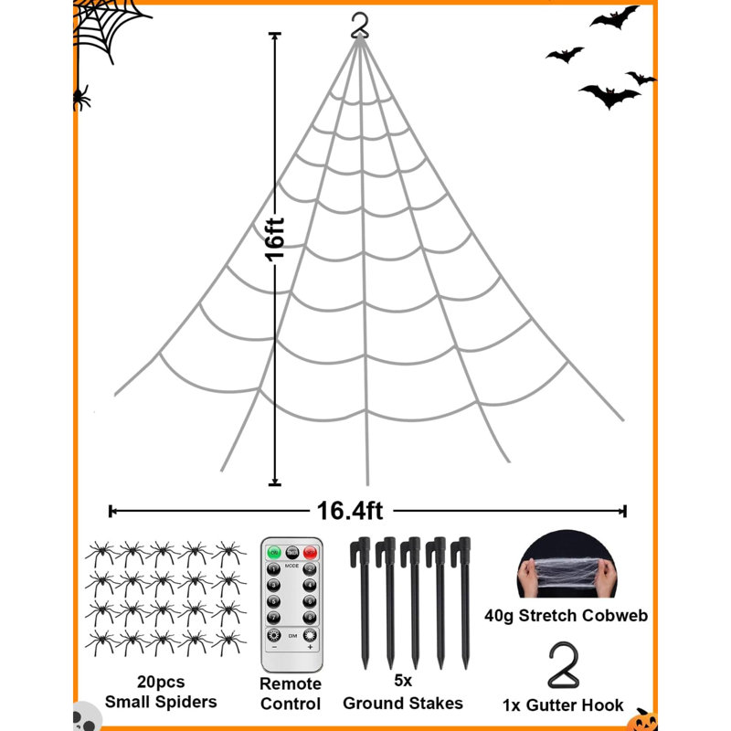 Toile d'araignée plus brillante, décorations d'Halloween, 250 lumières DEL mauves, toile d'araignée géante 16,4 pi 8 modes avec télécommande, imperméable et minuterie, décoration d'Halloween pour l'extérieur