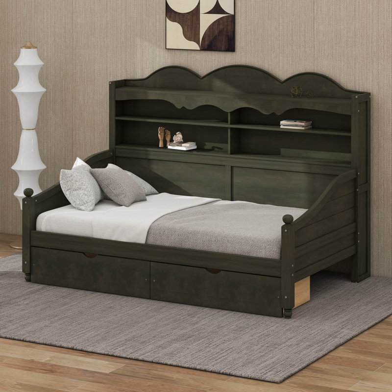 Lit de jour simple avec tiroirs de rangement et étagère de tête de lit, structure de lit de jour rétro en bois, Antique Grey