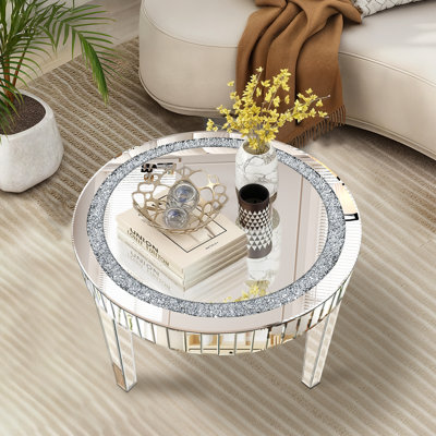 Silver Mirrored Coffee Table With Crystal Inlay, Round Glass Tea Table With Mirrored Finish, Modern Center Table For Living Room And Office