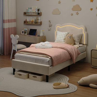 Twin Size LED Bed Frame with Adjustable Upholstered Headboard, Velvet Platform for Kids, Noise-Free, Easy Assembly