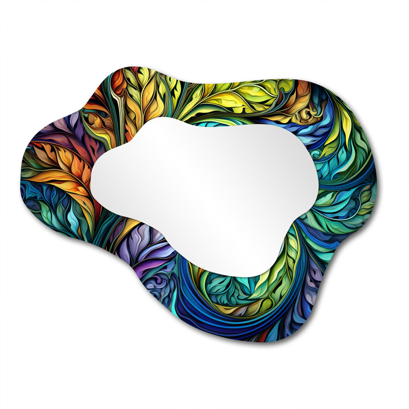 Art nouveau arc-en-ciel ornemental botanique - miroir nuage feuilles, miroir mural asymétrique vert unique, impression d'art en métal