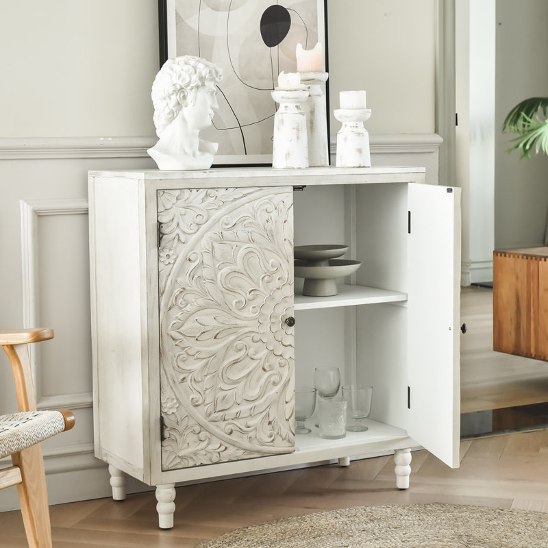 Buffet décoratif 2 portes Dusa, Blanc crème, Bronze
