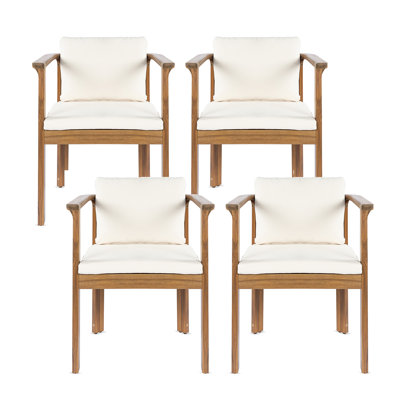 Outdoor Dining Chair Set of 4 with Curved Acacia Wood Arms, Teak Finish and Cream Cushions