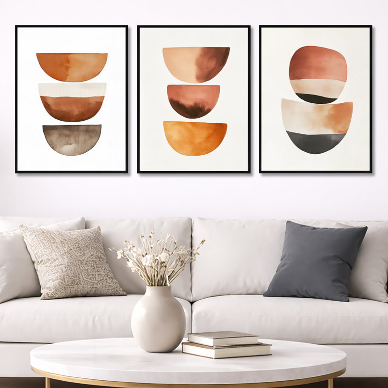 «Earthtone Balance Forms - Orange Minimalisme», ensemble d'art mural sur 3, 32" H x 72" W, Black Floater Framed