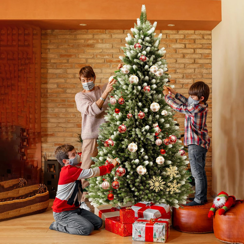 Lighted Artificial Christmas Tree with Snow Effect PVC/PE Pine Christmas Tree Realistic with Base, 225cm, with LED