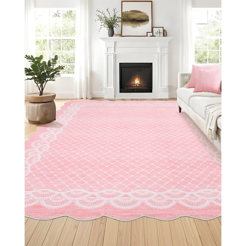 Machine Washable Scalloped Area Rugs Modern Bordered Floor Mats, Non-Slip Contemporary Accent Rug, Non Shedding Soft Low Pile Indoor Carpet for Living Room, Bedroom, Kitchen