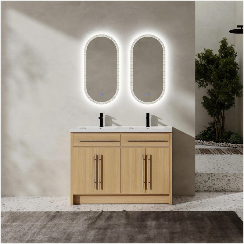 Meuble-lavabo autoportant 48 po avec lavabo en résine, 4 portes à fermeture douce, chêne original, contreplaqué