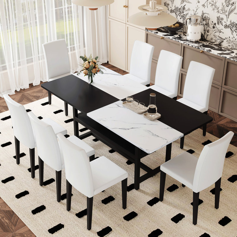 Table de salle à manger blanche et noire épissée de 71 pouces avec 8 chaises en polyuréthane, rangement sous la table, résistante à l'usure et rangement