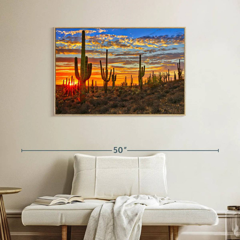 Cactus coucher de soleil, Cadre flottant en bois naturel, 40 po x 27 po
