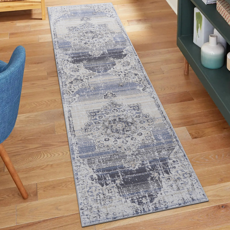 Cream/Blue/Inlaid Non Linting Stain Resistant Area Rugs, Runner 2'2" x 8'