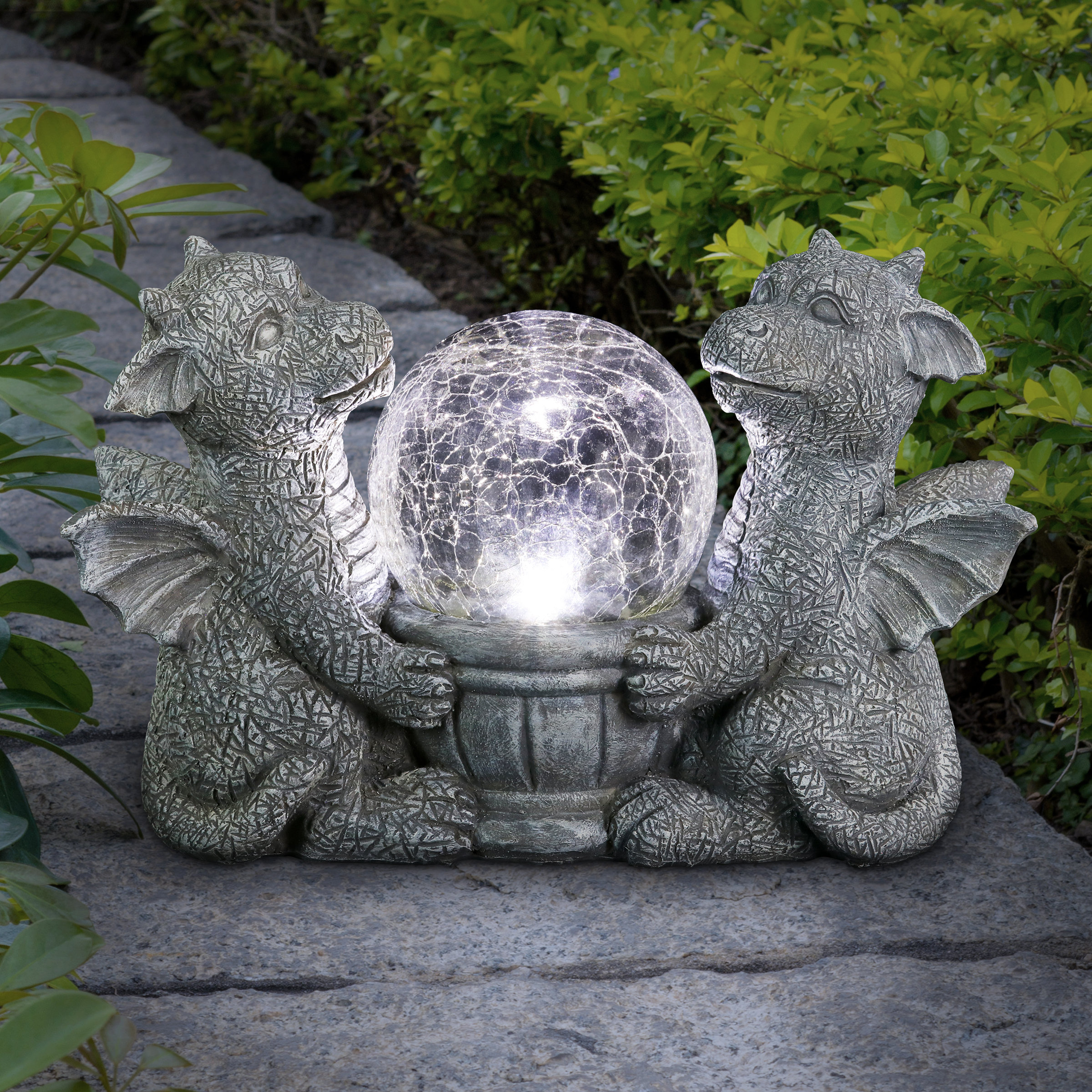 Exhart Solar Dragons Garden Statue with a Glass Crackle Ball, 11 by 7 Inches