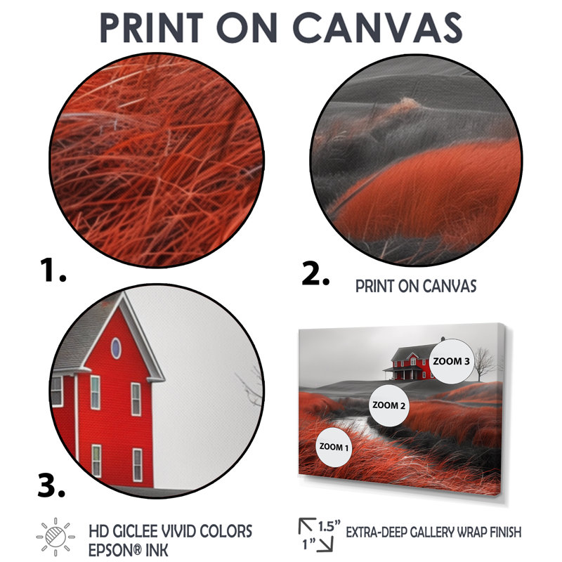 Rouge, rouge, automne, maison de campagne charmante I - art mural grange, Toile avec cadre flottant or