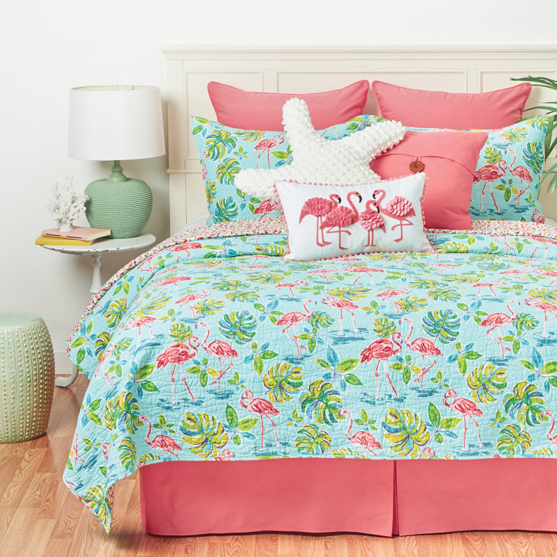 Blue Cotton Twin Reversible Quilt Set with Flamingo Design