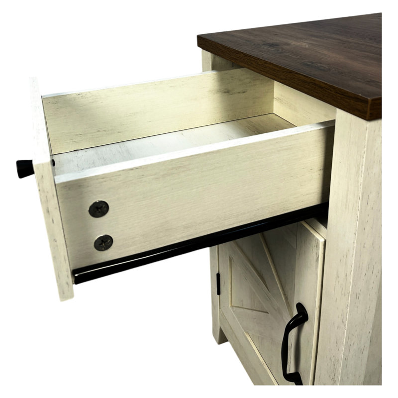 Table de bout de salon avec porte de grange et de charge, blanc cassé, option de style armoire de chevet pratique