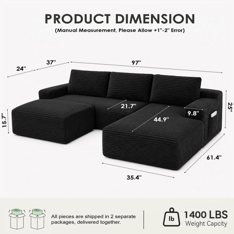 Boneless 96" Compression Cloud Modular Sectional Sofa & 1 Ottoman, Contemporary Plush Fabric Couch, Relaxing U-Shaped Seating for Living Room, Deep Seat Corner Sofa, No Assembly Required