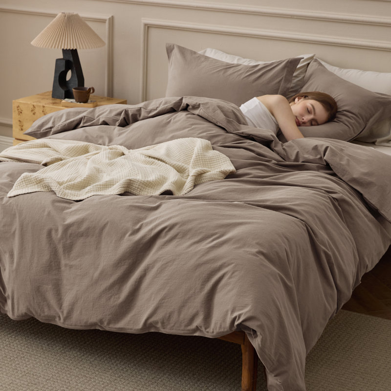 Bedsure 100% Washed Cotton Duvet Cover Queen Set - Minimalist Cotton Beding Set For All Season（set of 3）, Light Brown