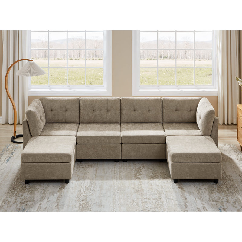 Chenille Upholstered Sectional Sofa Couch With Ottoman, Camel Polyester