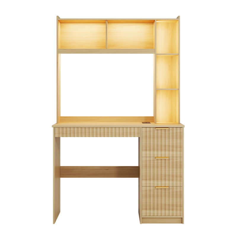 4-Drawer Computer Desk with Bookshelves and Led Lighting, Home Office Desk with Charging Station, Oak