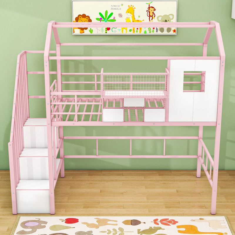 Twin Metal Loft Bed With Shelves And Storage Box, Roof Design, Pink