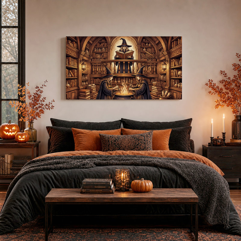 «Witches Stirring Cauldron in Library», art mural sur toile, L 58 po x H 28 po