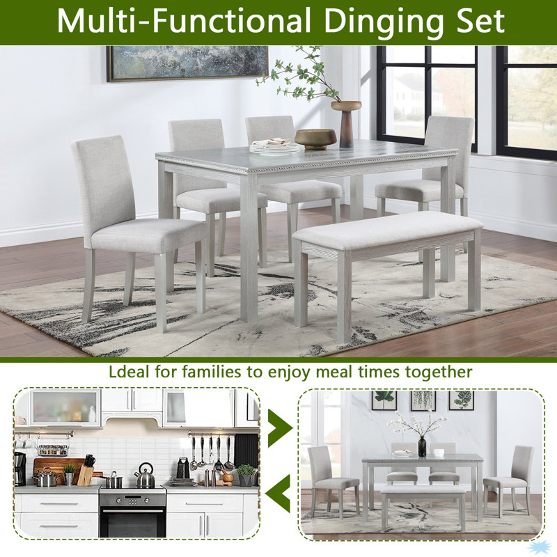 Wooden Dining Rectangular Table With Bench, Kitchen Table With Bench For Small Space, Silver Grey, Silver Grey