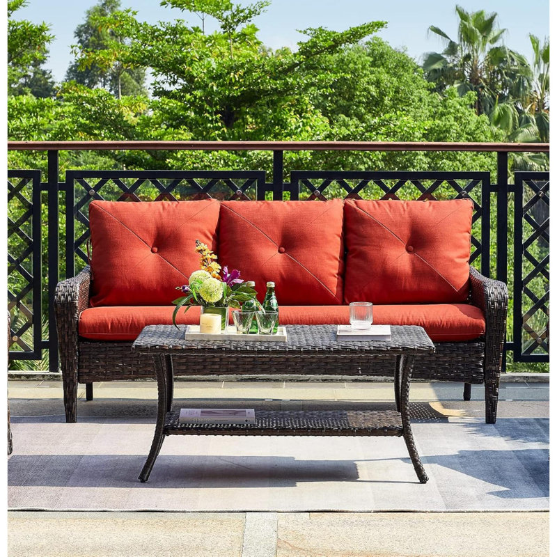 Outdoor Wicker Coffee Table, Patio Coffee Table With 2-Tier Storage Shelf With PP Board For Patio Conversation Set