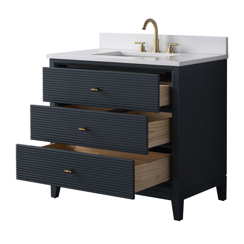 Meuble-lavabo autoportant à simple cuve 36 po avec plateau en marbre Caldwell, Blanc Ariston, Bleu épinette rétro