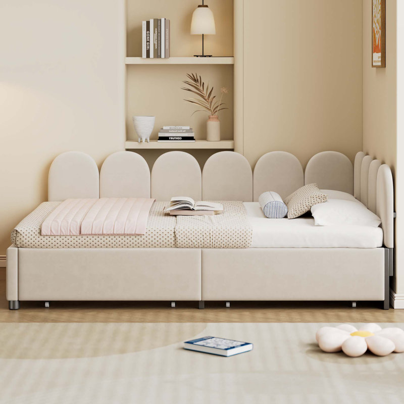 Lit de jour rembourré avec 2 tiroirs, canapé-lit en velours avec tête de lit en tissu doux, Double, Beige