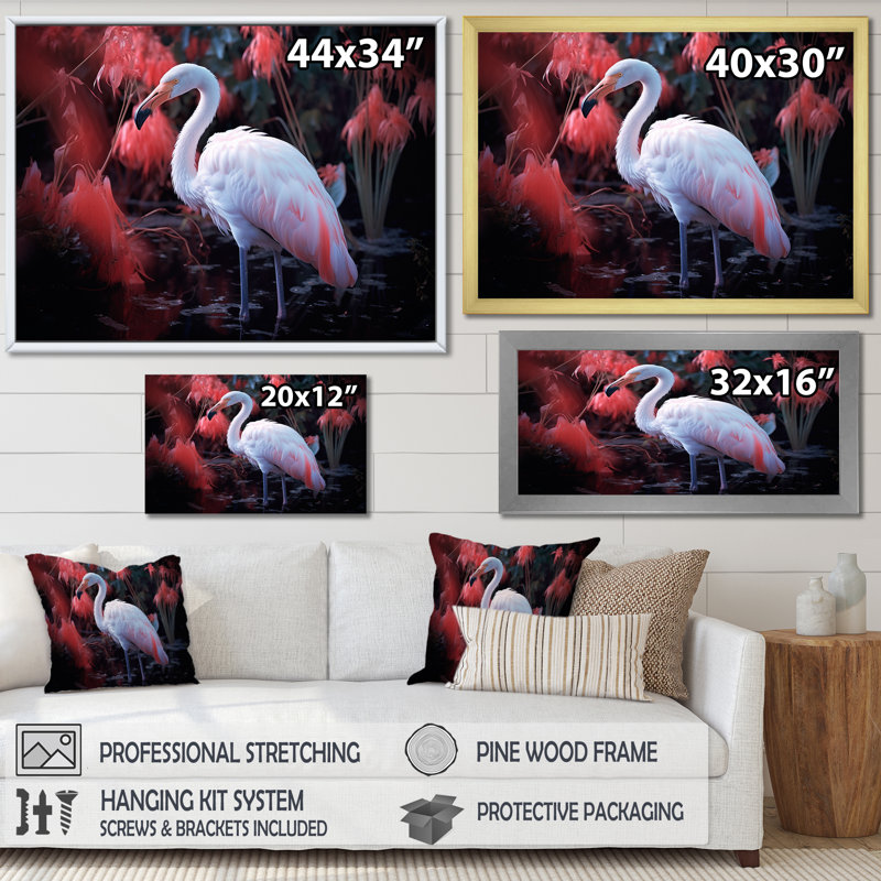 «White Flamingo Paradise III», reproduction sur toile, Cadre simple blanc, H 34 po x l 44 po x P 1,5 po