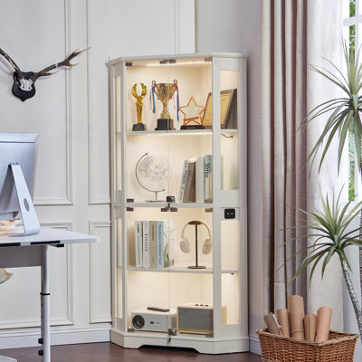 Farmhouse Corner Display Cabinet with Glass Doors, Corner Curio Cabinet with 3-Color LED Motion-Sensor Light (White)