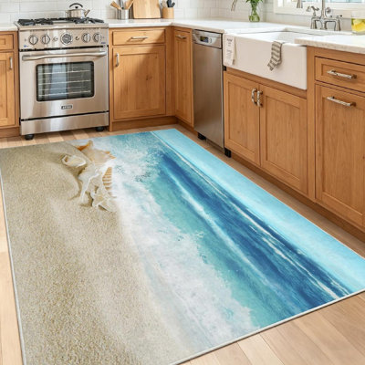 Clear Machine Washable,Tropical Beach and Splashing Waves Indoor Area Rug