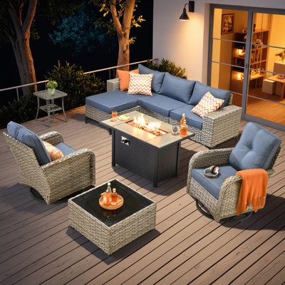 Emanuell 6 - Person Outdoor Wicker Sectional Seating Group With Swivel Chairs And Fire Pit Table, All Weather Modular Rattan Conversation Set With Cus by Red Barrel Studio