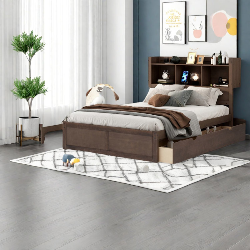 Lit plateforme avec rangement en MDF et bois massif