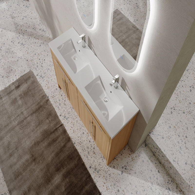 Meuble-lavabo autoportant de 60 po avec lavabo en résine, 4 portes à fermeture douce, chêne original, contreplaqué