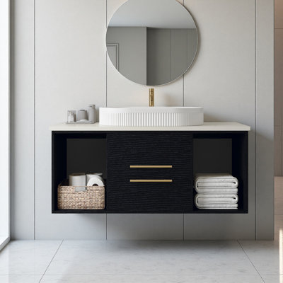 Modern Wall-Mounted Bathroom Vanity With Oval Ceramic Sink Floating Vanity Multi-Layer Solid Wood Cabinet Soft-Close Drawers Open Shelf Storage