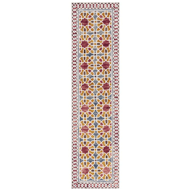Bobbi-Jane Hand Tufted Wool/Cotton Geometric Rug in Red/Yellow, Runner 2'3" x 9'