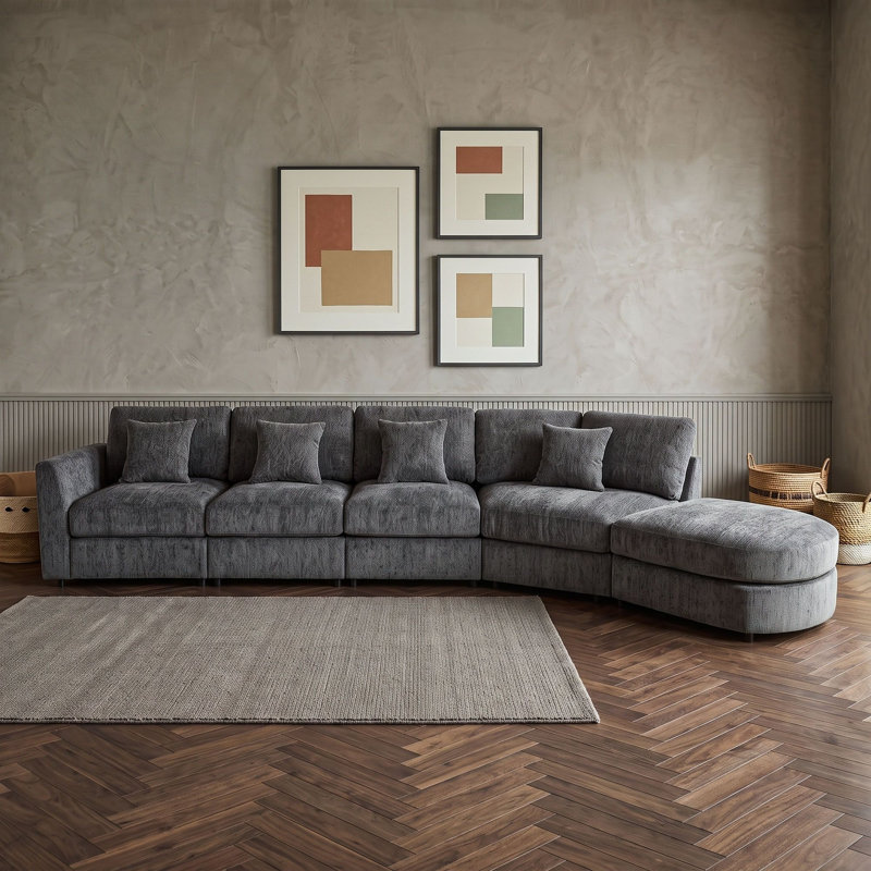 Canapé d'angle modulaire incurvé 5 places en chenille douce avec 4 coussins décoratifs et housses de coussin amovibles, Gris