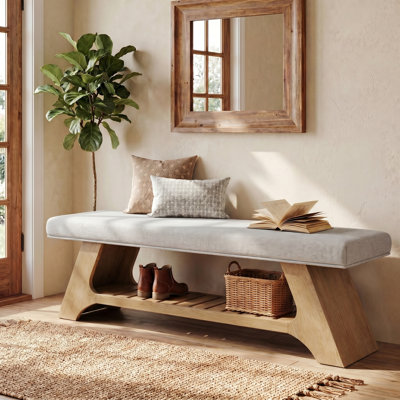 55" Solid Wood Bench with Storage Shelf, Upholstered Entryway Bench Soft Padded Bench Seating for Living Room, Bedroom