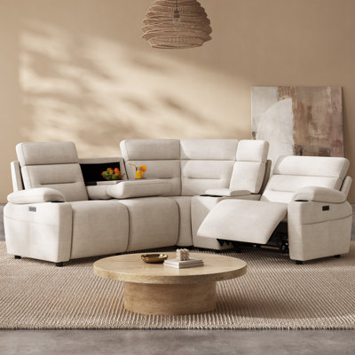 Canapé d'angle en L 4 places de 101,2 pouces avec inclinaison électrique et double console, couleur crème