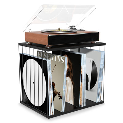 Vinyl Record Storage, Metal & Wooden Vinyl Record Holder Up to 80 Album, 3-Compartment Record Player Stand for Magazine, Book, Files, Albums, (Black)