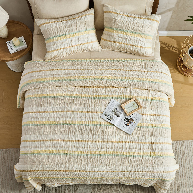 Queen Size Greige Cotton Stripe Quilt Set