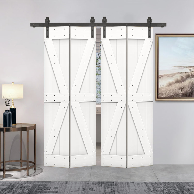 Porte de grange pliante en bois de pin avec quincaillerie coulissante, 64 po x 84 po, Blanc pur