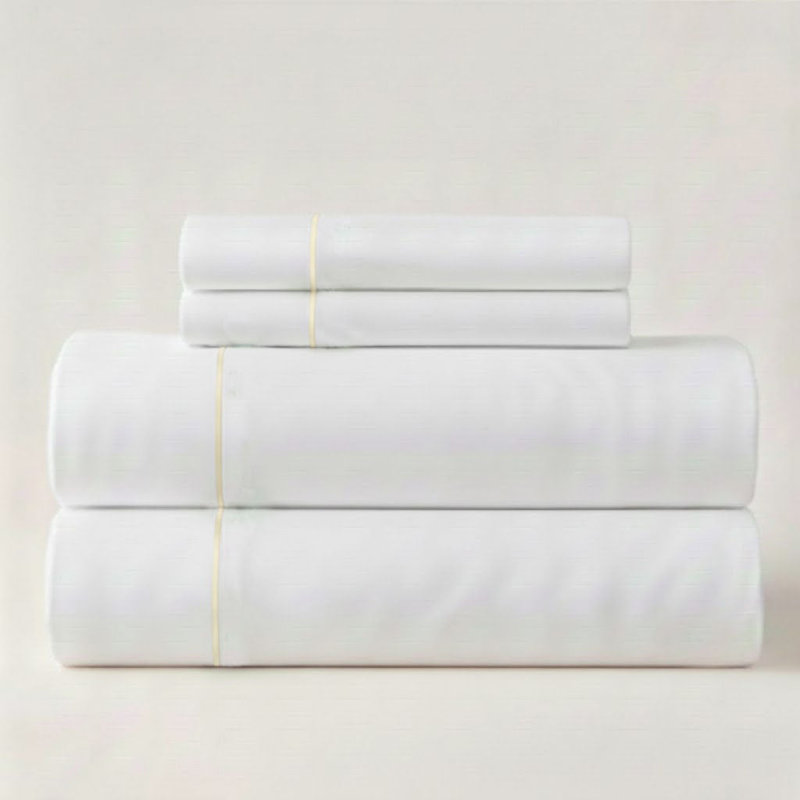 400TC Single Embroidery Sateen Solid Cotton 4 Piece Sheet Set Fitted Sheet Fits Upto 16" Deep Pocket, White/Ivory