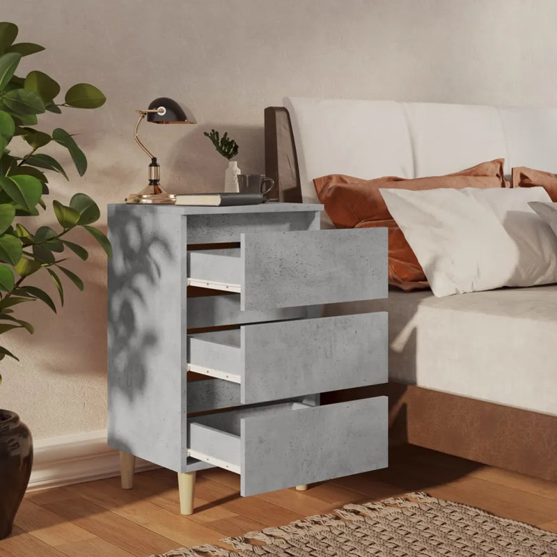 Solihull Bed Cabinet with Solid Wood Legs, Concrete Grey, 1