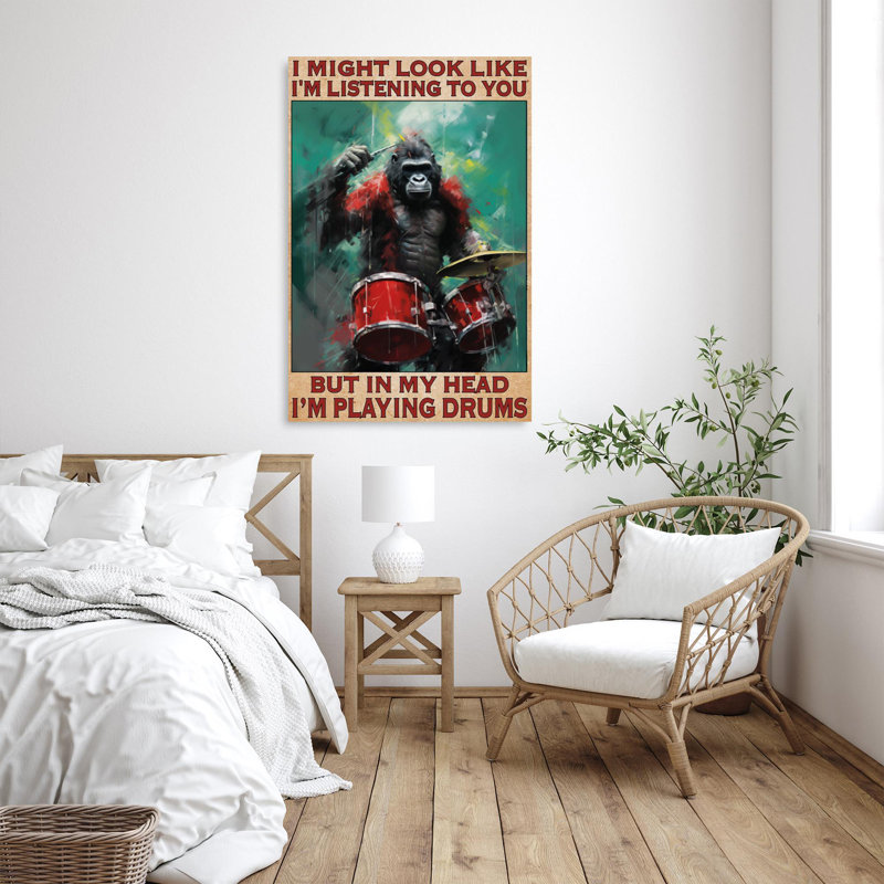 «Gorilla Im Play Drums» sur toile, H 36 po x l 24 po x P 1,25 po
