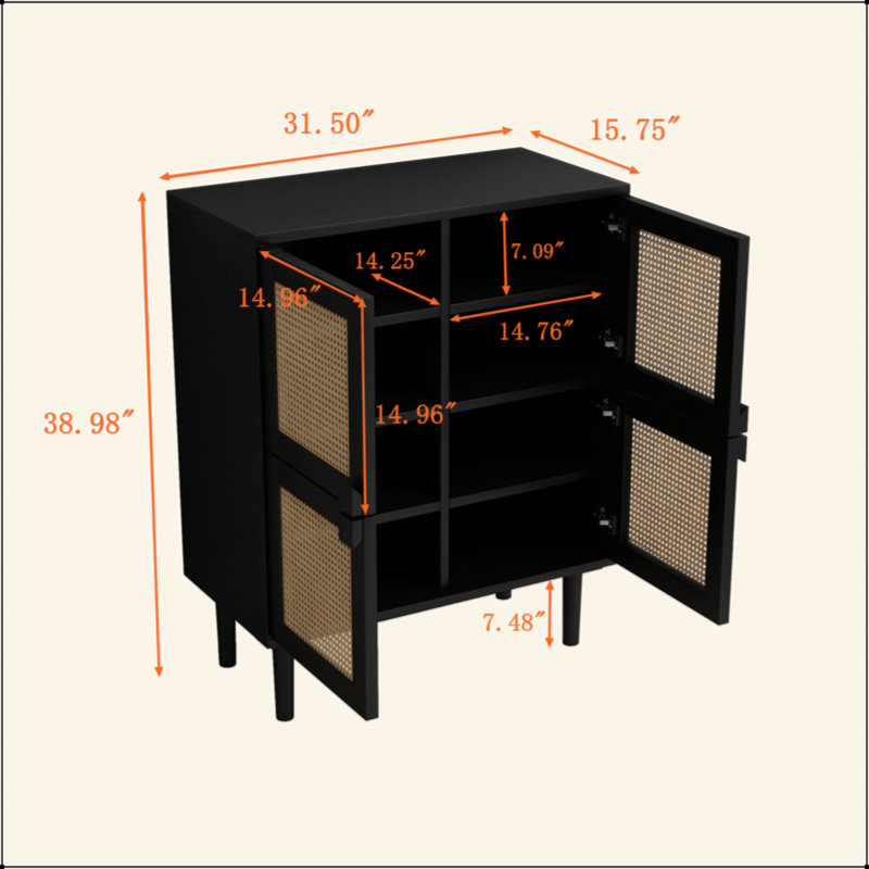 4-Doors Rattan Mesh Storage Cabinet, Sideboard With Eight Storage Spaces, For Entryway, Living Room, Hallway, Black